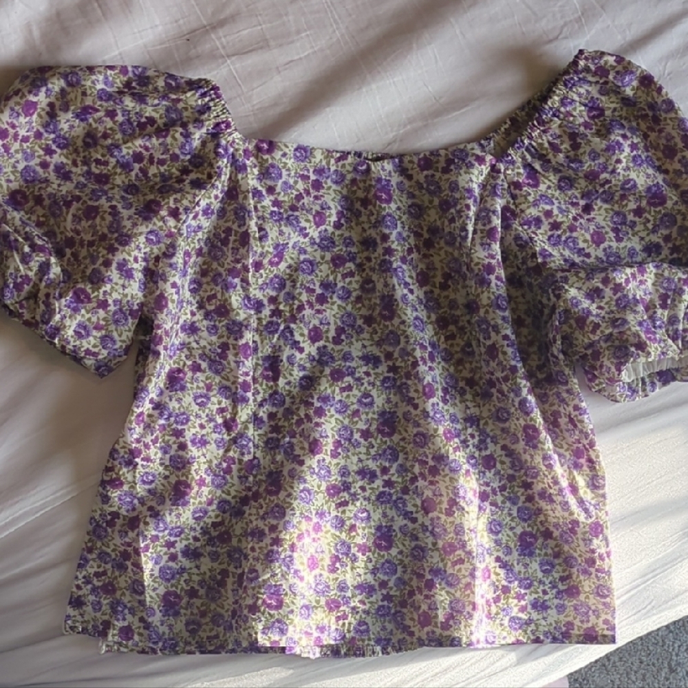 Allegra K Purple Floral Square-Neck Puff Sleeve Blouse